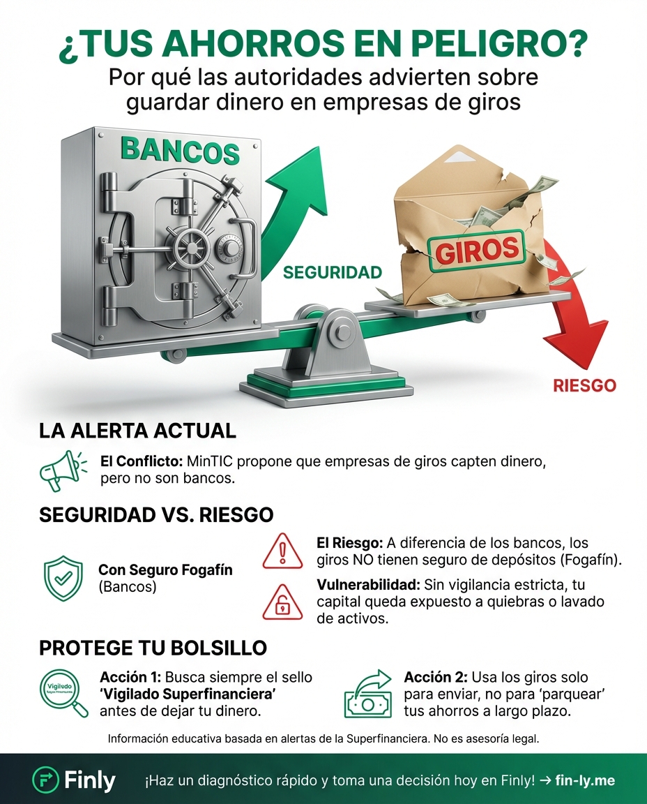 Imagina guardar tus ahorros en un lugar que no tiene seguro ni vigilancia estatal. Esto es lo que preocupa a las autoridades sobre las empresas de giros: tus depósitos podrían quedar en el aire si algo sale mal. ¿Estás dispuesto a arriesgar tu capital por un poco de comodidad? 🇨🇴💰