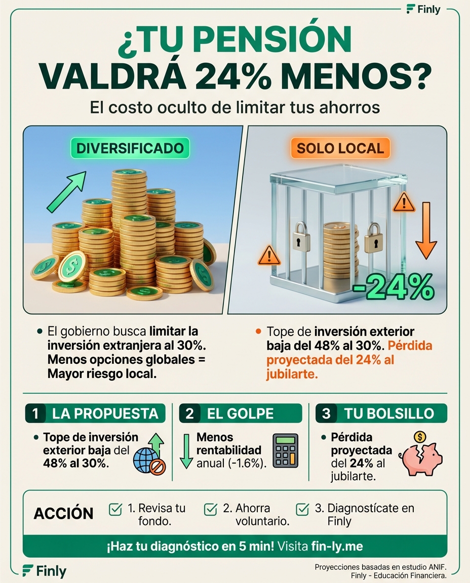 Tu pensión podría ser hasta un 24% menor porque el gobierno limitará dónde invertir tus ahorros. Es como si te obligaran a guardar tu plata en un solo cajón que rinde menos, exponiéndote a que todo falle si al país le va mal. ¿Estás listo para trabajar más años solo porque tu ahorro dejó de crecer? 📉🇨🇴