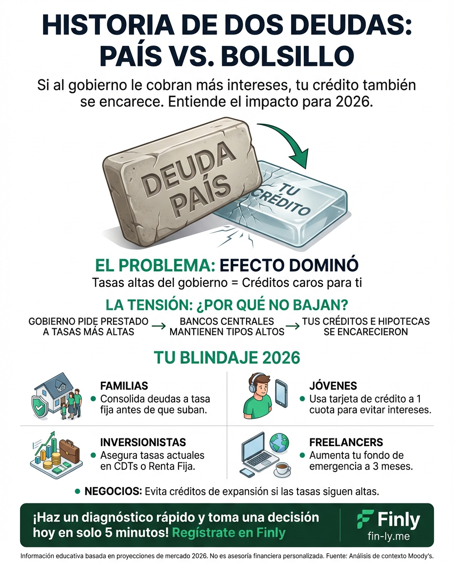 Cuando los países se endeudan mal, tú terminas pagando los platos rotos con créditos más caros y menos inversión. Es el efecto dominó: si al gobierno le cobran más intereses, a tu bolsillo le llega la cuenta por la derecha. ¿Sabes cómo blindar tus ahorros antes de que el 2026 nos pase factura? 🇨🇴💰