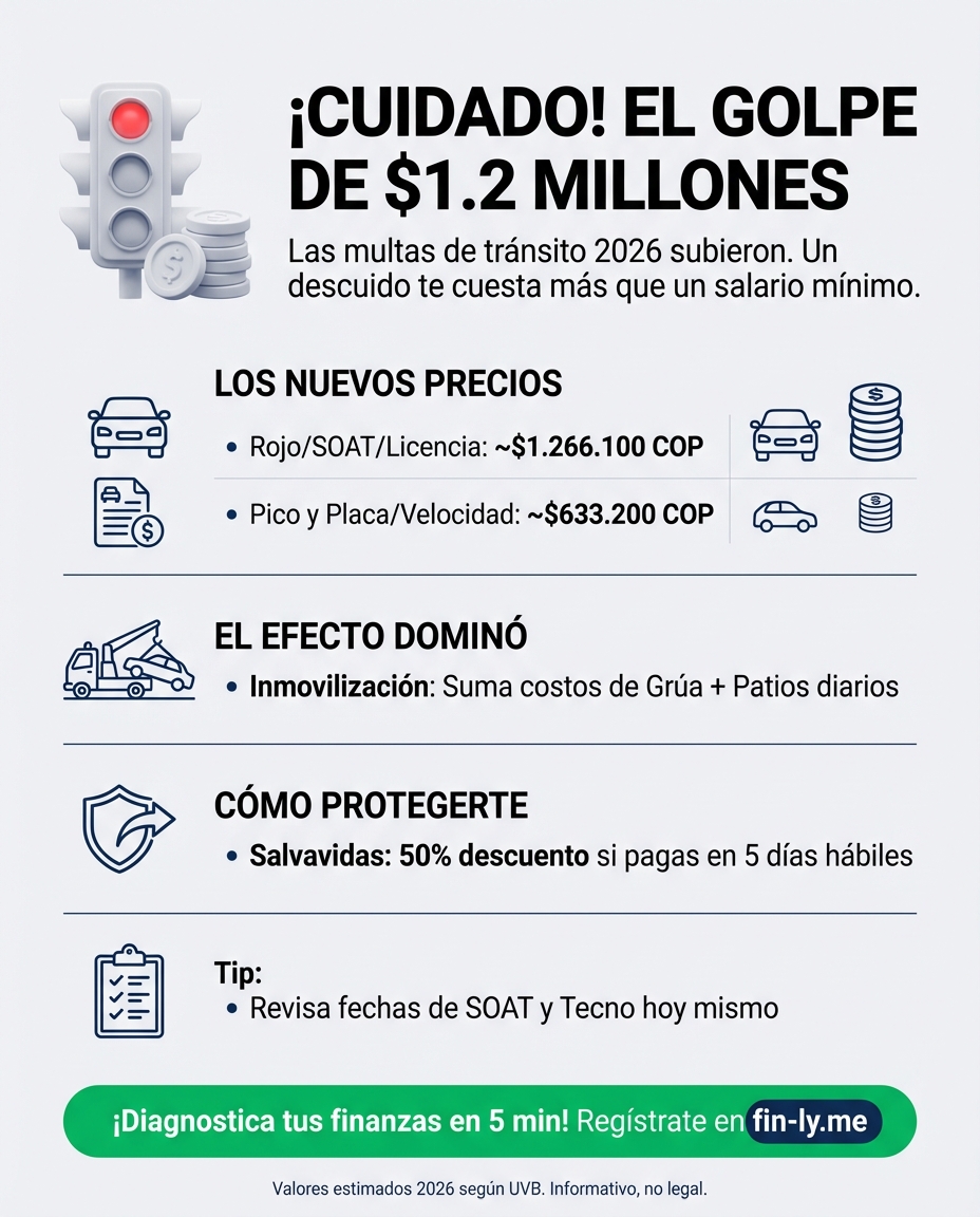 Cometer un error al volante en 2026 te costará más de un millón de pesos, un golpe seco a tu presupuesto mensual. Es como si un semáforo en rojo se robara tu ahorro del semestre en un segundo. ¿Está tu bolsillo listo para sobrevivir a un descuido de $1.200.000? 🇨🇴💰