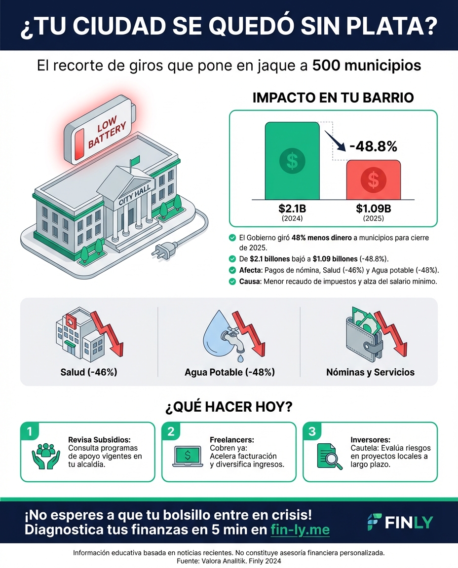 Los municipios se quedaron sin la mitad del dinero esperado para cerrar el año y ahora deben elegir entre pagar nómina o inversión. Es el mismo dilema que enfrentas cuando un gasto inesperado te obliga a elegir entre pagar el arriendo o la tarjeta. ¿Tienes un plan B para cuando tus ingresos fallen? 🇨🇴💰