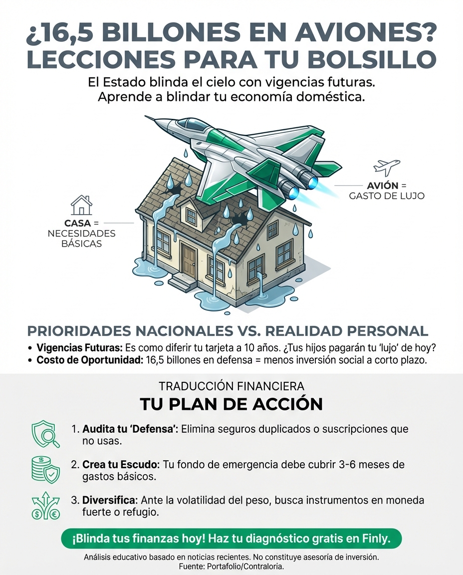 El Gobierno invertirá $16,5 billones en aviones de combate mientras tú ajustas tu presupuesto por el alza del mínimo. Es como priorizar un seguro de lujo cuando apenas cubres el arriendo. ¿Sabes cómo blindar tu bolsillo ante gastos que no controlas? 🇨🇴💰