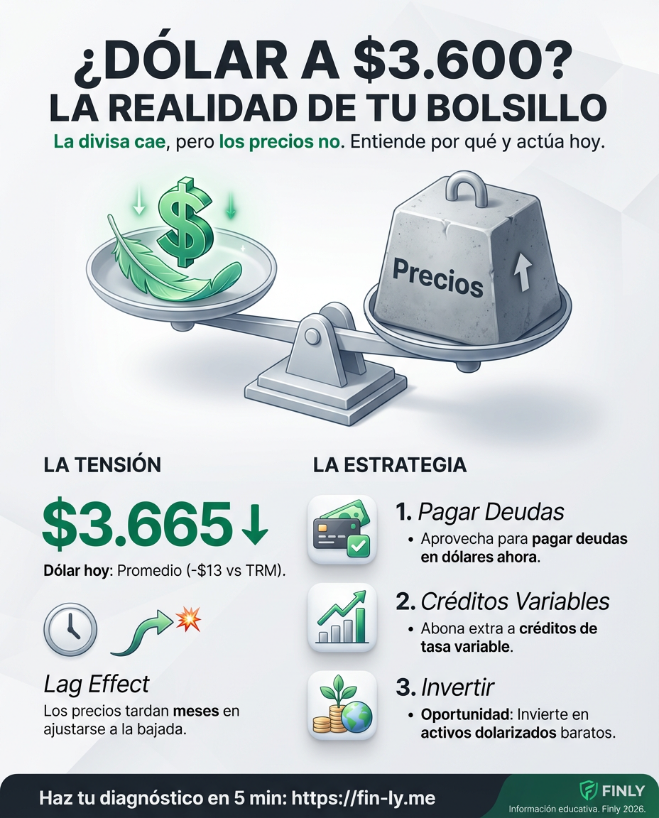 El dólar vuelve a bajar y se acerca a los $3.600, pero tu bolsillo sigue sintiendo que todo sube. Es como cuando bajan la tasa de interés pero tu banco te sigue cobrando lo mismo por la tarjeta. ¿Estás aprovechando la caída de la divisa para sanear tus deudas o solo estás mirando la pantalla? 📉💰