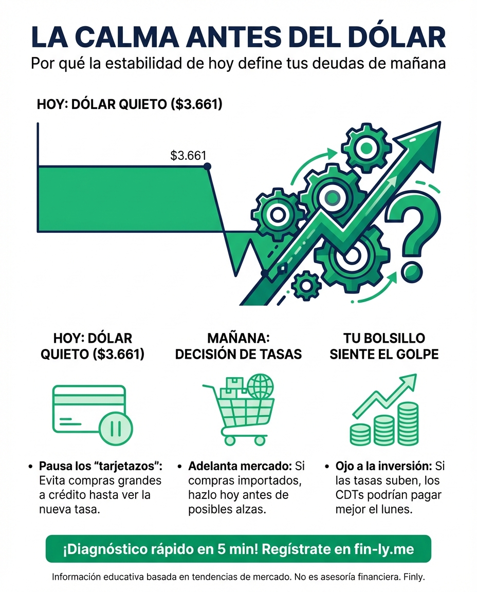 El dólar se quedó quieto hoy, pero es la calma antes de la tormenta que define tus cuotas y deudas. Mañana el Banrep decide el futuro de las tasas y tu bolsillo sentirá el impacto. ¿Estás listo para que tu tarjeta de crédito o ahorros cambien de precio este fin de semana? 🇨🇴💰