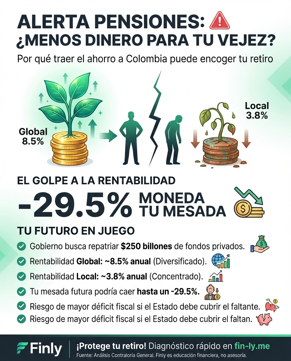 Traer tus ahorros pensionales a Colombia podría reducir tu futura mesada hasta en un 29%. Es como si hoy te bajaran el sueldo para pagar una deuda que no es tuya. ¿Estás preparado para que tu retiro dependa de la suerte del mercado local y no de una inversión global? 🇨🇴📉