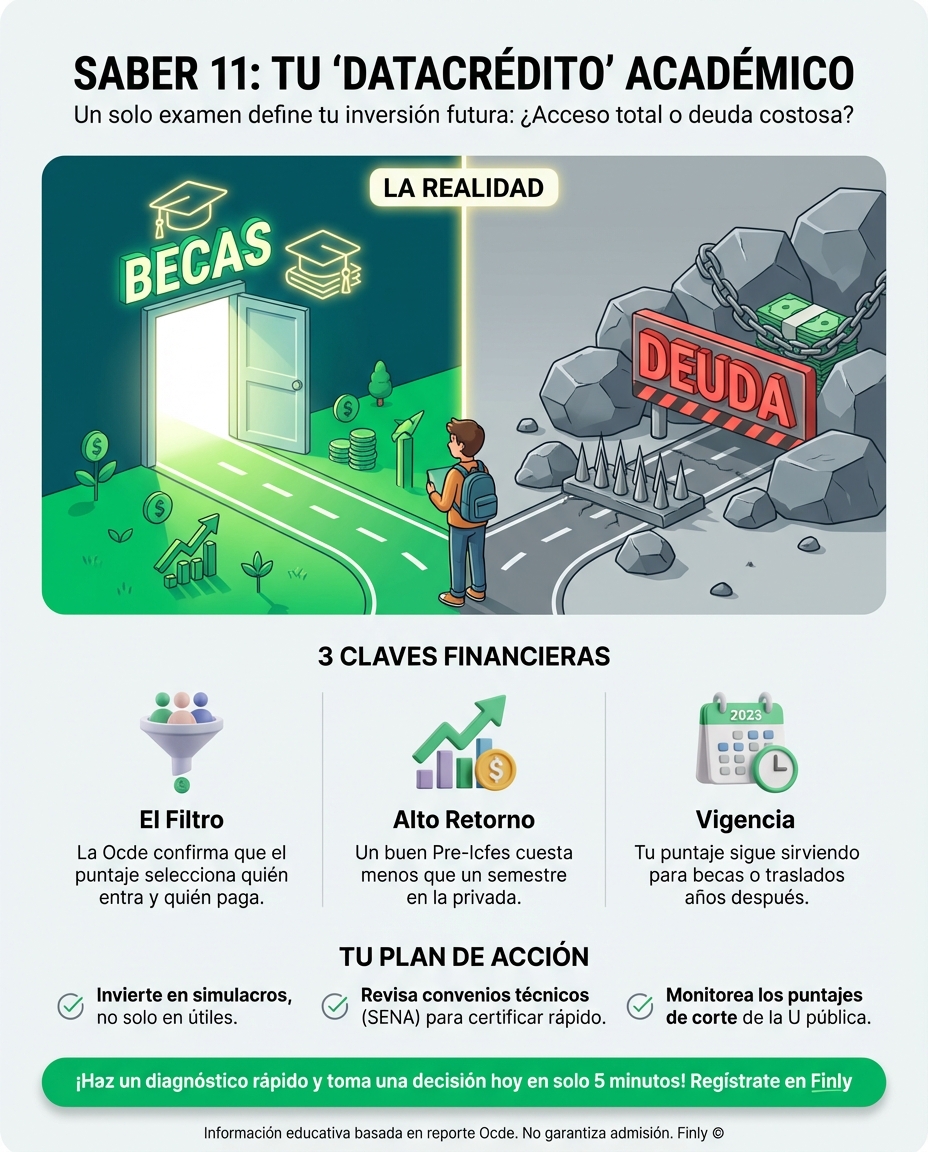 Tu puntaje en las Saber 11 sigue siendo la llave para entrar a la universidad o al empleo. Al igual que con tu historial crediticio, un solo examen define tus oportunidades de inversión futura. ¿Estás preparando a tus hijos para el examen que decidirá el costo de su educación? 🇨🇴💰