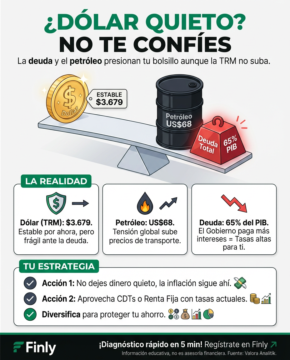 Aunque el dólar parece estable, la deuda del país y el petróleo al alza son como esa cuota que sube sin avisar. Para el ahorrador frustrado, esto significa que los precios no bajarán pronto. ¿Estás protegiendo tu bolsillo o esperando a que el mercado decida por ti? 🇨🇴💰