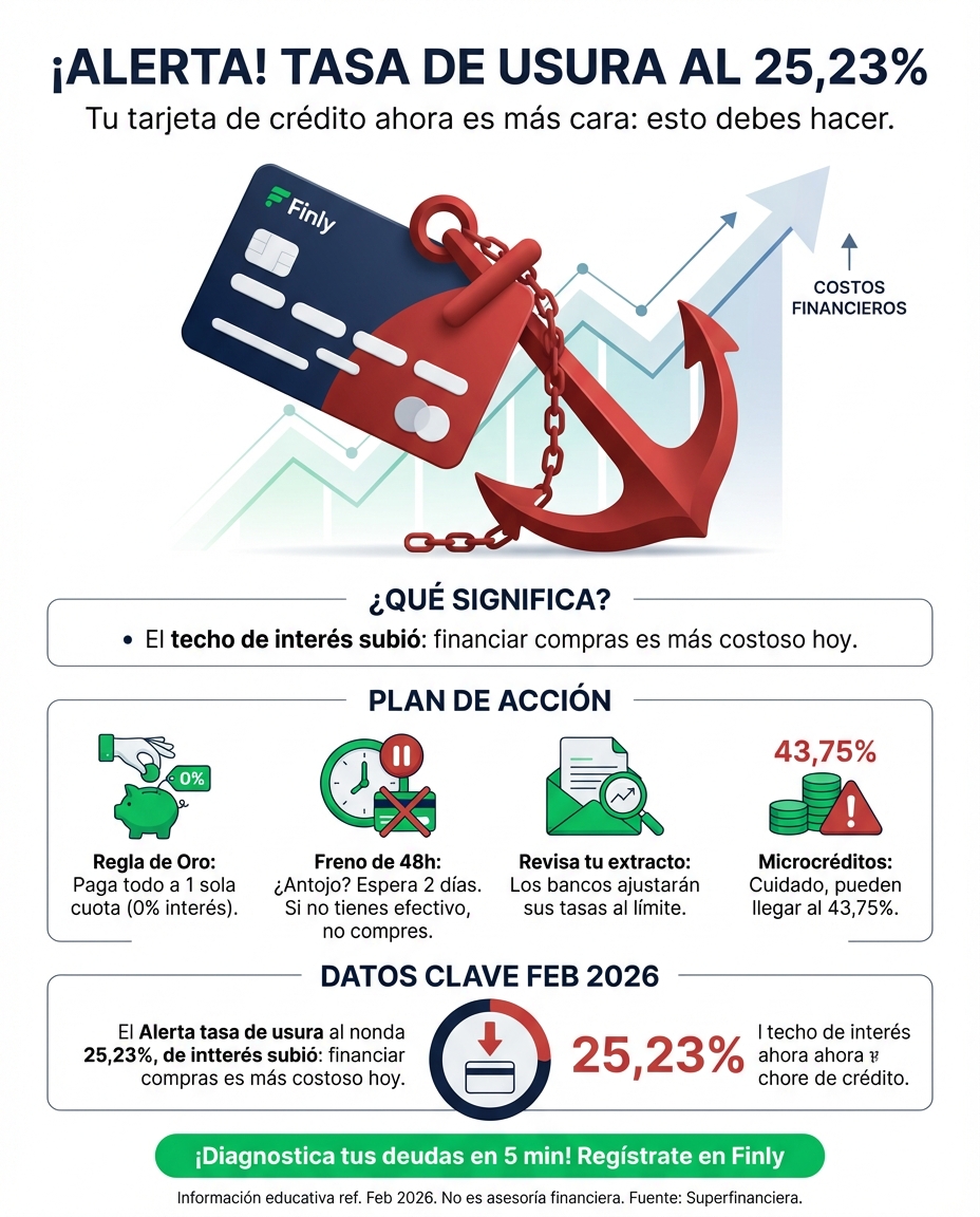 La tasa de usura subió al 25,23% y tus tarjetas de crédito podrían volverse impagables si no te cuidas. Es el espejo de lo que vive el Joven Asalariado: el banco cobra más mientras tú intentas estirar el sueldo. ¿Sabes cuánto te cuesta hoy ese 'gustito' a cuotas? 🇨🇴💰