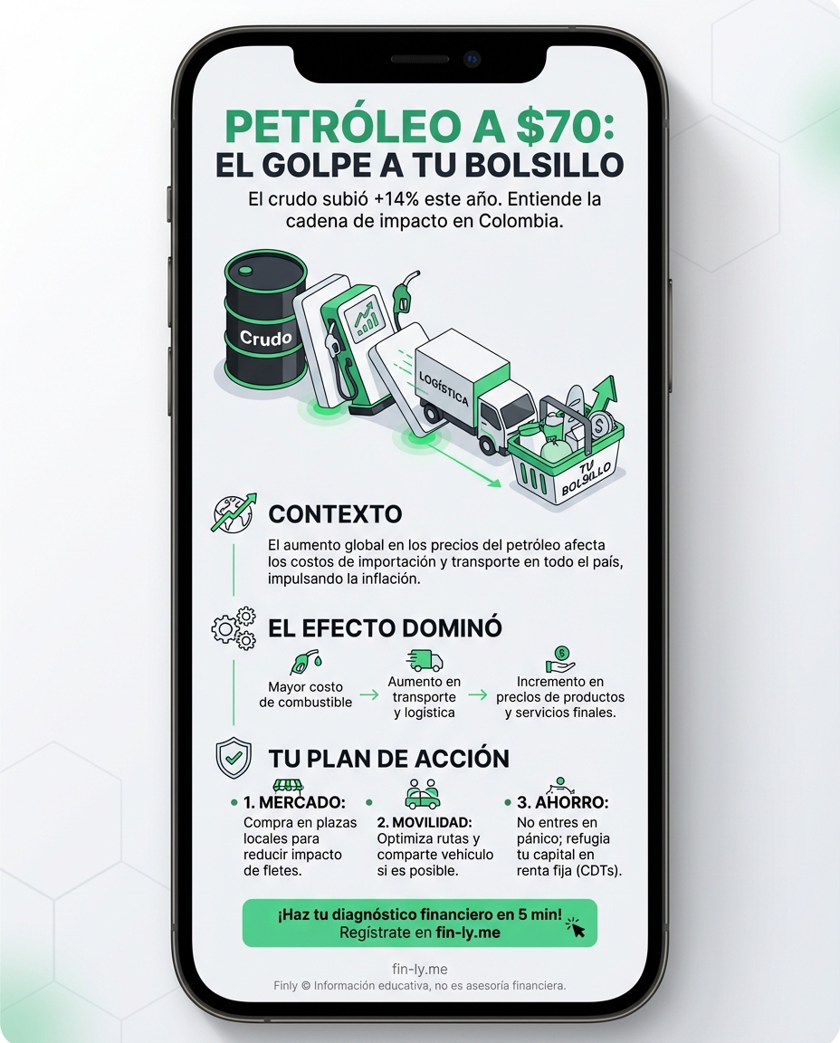 El petróleo sube por tensiones externas, pero tu bolsillo siente el golpe aquí en Colombia. Es como cuando el arriendo sube por factores que no controlas: te obliga a ajustar tus gastos fijos de inmediato. ¿Estás listo para proteger tu presupuesto si la gasolina vuelve a subir? 🇨🇴💰