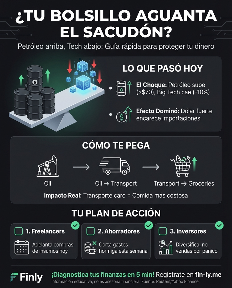 El petróleo sube y las acciones tecnológicas caen, recordándonos que lo que parece una inversión segura puede cambiar en un día. Es como cuando confías en un ingreso extra y de repente sube la gasolina o te fallan los planes. ¿Está tu bolsillo listo para un frenazo inesperado en tus ingresos? 📉🇨🇴