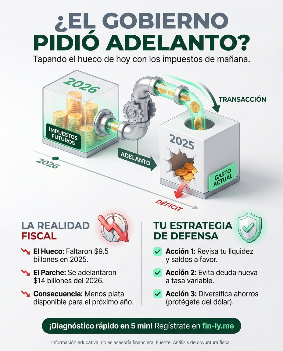 El Gobierno gastó más de lo que recibió y ahora 'adelanta' ingresos del 2026 para tapar el hueco actual. Es como cuando pides un avance de sueldo para pagar la tarjeta: hoy te alivias, pero mañana estarás el doble de apretado. ¿Estás preparando tu bolsillo para el impacto fiscal que viene? 📉💰