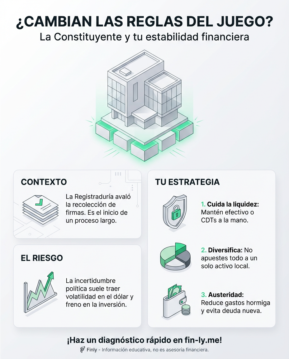 La Registraduría habilitó la recolección de firmas para una Constituyente, un cambio en las reglas de juego del país. Es como si te avisaran que el contrato de tu arriendo va a cambiar: genera incertidumbre sobre tus planes a largo plazo. ¿Cómo blindar tu bolsillo ante la volatilidad que viene? 🇨🇴💰