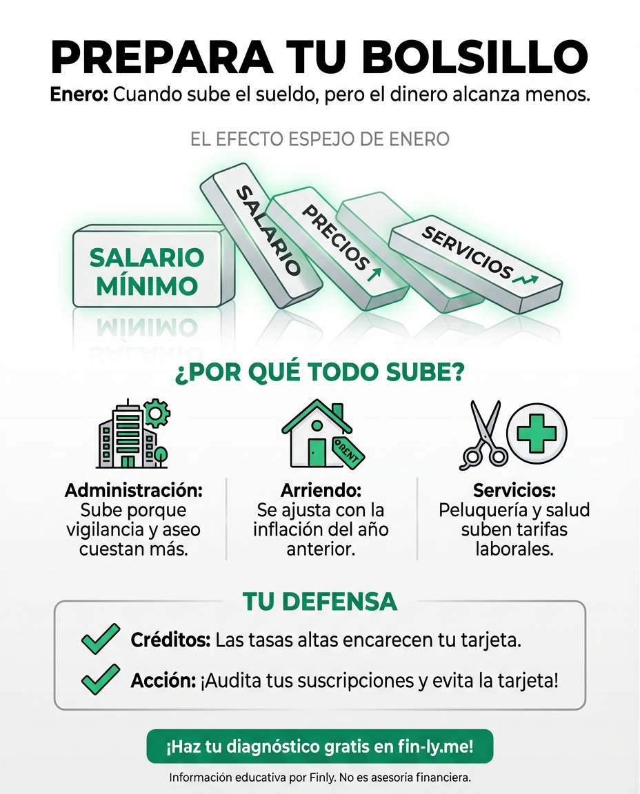 El aumento del salario mínimo y la inflación ya empezaron a encarecer tus facturas de servicios, arriendo y hasta el corte de pelo. Es el efecto espejo: cuando sube el sueldo de otros, tu costo de vida se dispara. ¿Está tu presupuesto listo para aguantar este primer trimestre sin usar la tarjeta? 🇨🇴💰