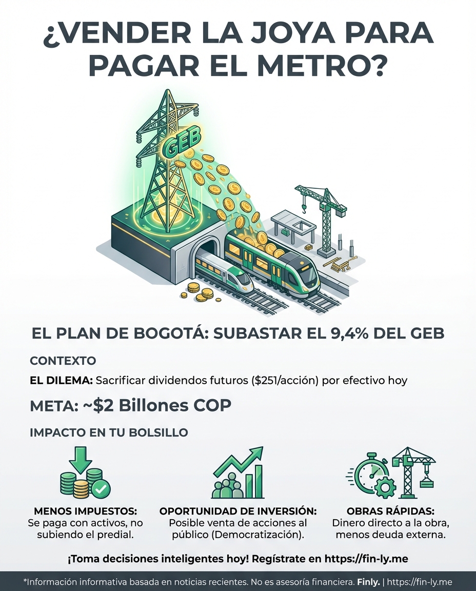 Bogotá venderá sus acciones en el GEB para financiar el Metro, tal como tú venderías un activo para pagar una deuda urgente. Es la misma decisión de un 'Adulto Presión': sacrificar un ingreso futuro por una solución hoy. ¿Vale la pena salir de lo que te da rentabilidad para tapar un hueco? 🏙️💰