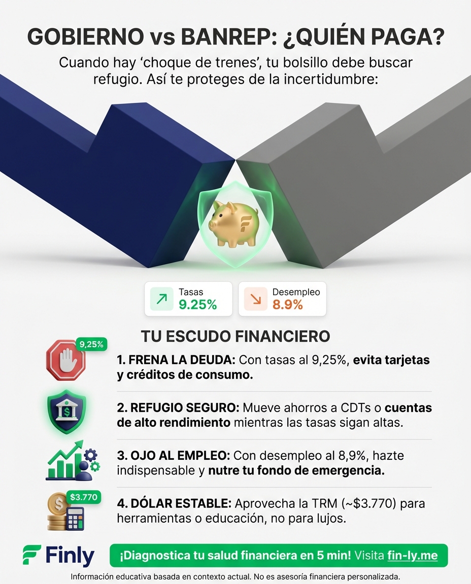 Mientras el Gobierno y el Banco de la República se enfrentan, tu bolsillo queda en medio de la incertidumbre fiscal. Es como cuando en casa no se ponen de acuerdo en qué gastar y terminas pagando tú los platos rotos. ¿Sabes cómo proteger tus ahorros frente a este 'choque de trenes'? 🇨🇴💰
