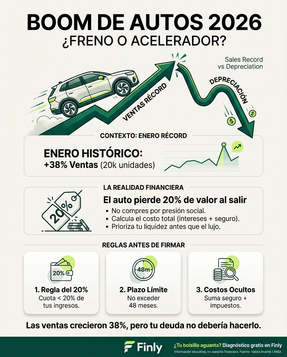 Las ventas de autos estallaron en enero, pero ¿es el momento de que tú estrenes? Si estás pensando en un crédito vehicular, recuerda que un carro nuevo pierde valor apenas sale del concesionario. No dejes que la emoción del mercado acelere tus deudas sin un plan de ahorro sólido. 🇨🇴🚗