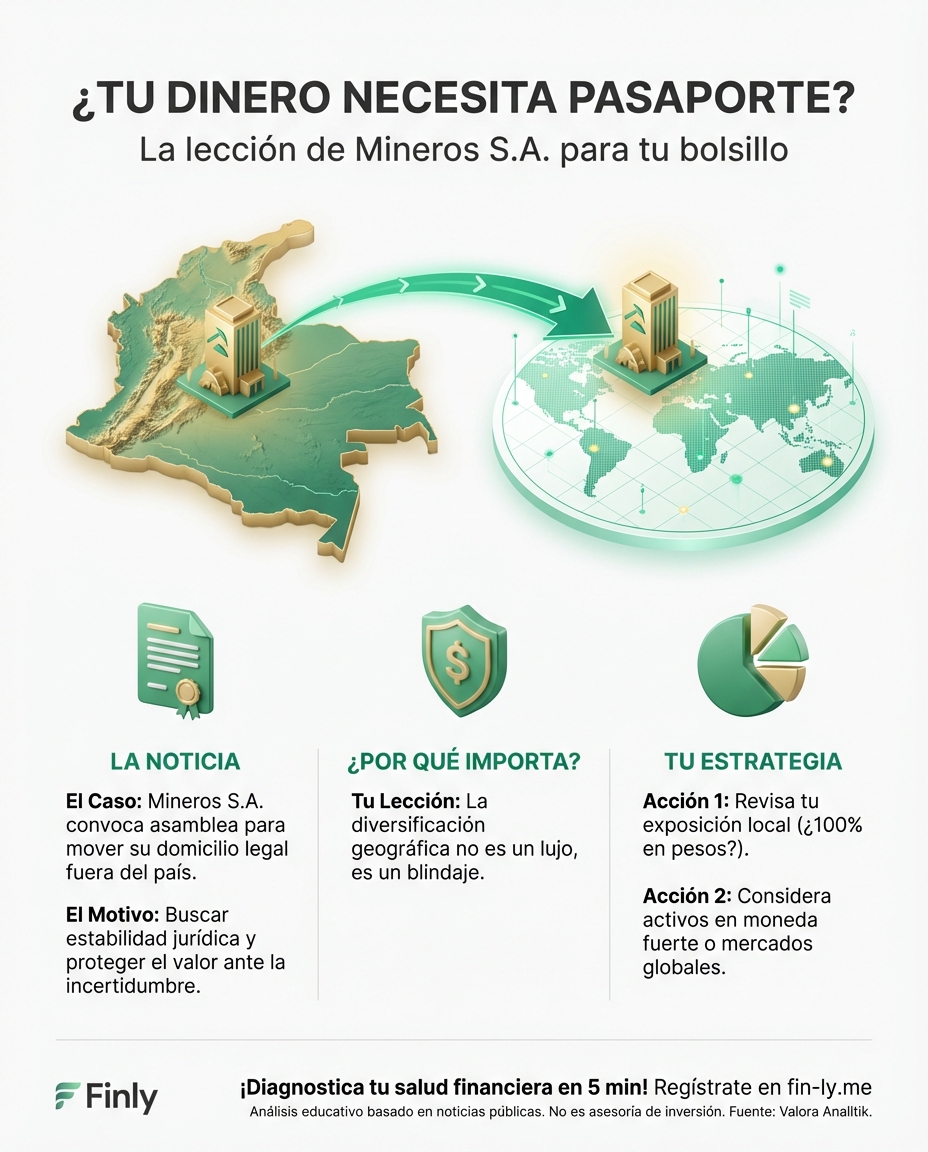 Mineros planea mudar su sede fuera de Colombia, una movida que las grandes empresas hacen para protegerse de la incertidumbre. Es lo mismo que sientes cuando buscas diversificar tus ingresos para no depender de un solo pagador. ¿Estás preparando tu bolsillo para los cambios que vienen? 🇨🇴💰