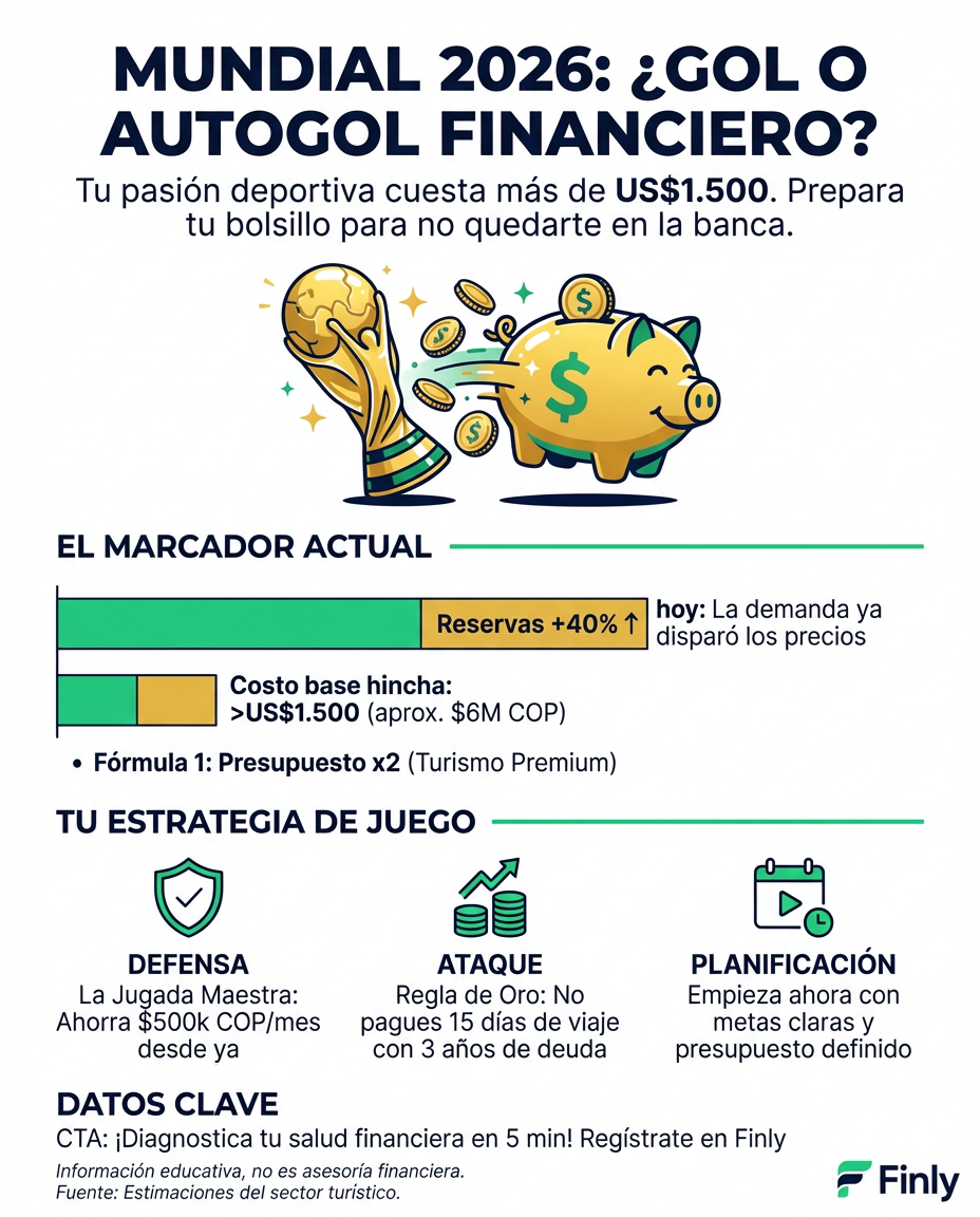 El Mundial 2026 y la F1 ya disparan reservas, pero un viaje deportivo cuesta hoy más de US$1.500. Es como ese gasto impulsivo que planeas meses antes: si no empiezas a ahorrar hoy, tu tarjeta de crédito pagará los platos rotos. ¿Está tu bolsillo listo para jugar este torneo o te quedarás en la banca? 🇨🇴💰