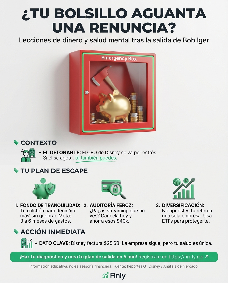 Bob Iger dejará Disney antes de lo esperado por el agotamiento de liderar un gigante en crisis. Es lo que sientes cuando el estrés del trabajo te quema y solo piensas en renunciar aunque no tengas un plan B claro. ¿Cómo preparar tu salida financiera antes de que el cansancio decida por ti? 📉💰