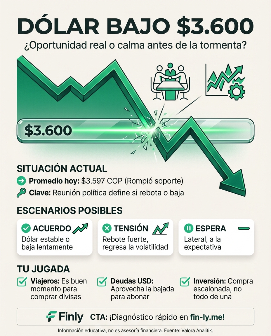 El dólar baja de los $3.600 y tu bolsillo respira, pero la calma depende de una reunión política de alto voltaje. Es como cuando esperas una respuesta de tu jefe para saber si puedes gastar: la incertidumbre manda. ¿Sabes cómo proteger tus ahorros si el viento cambia de dirección mañana? 📉🇨🇴