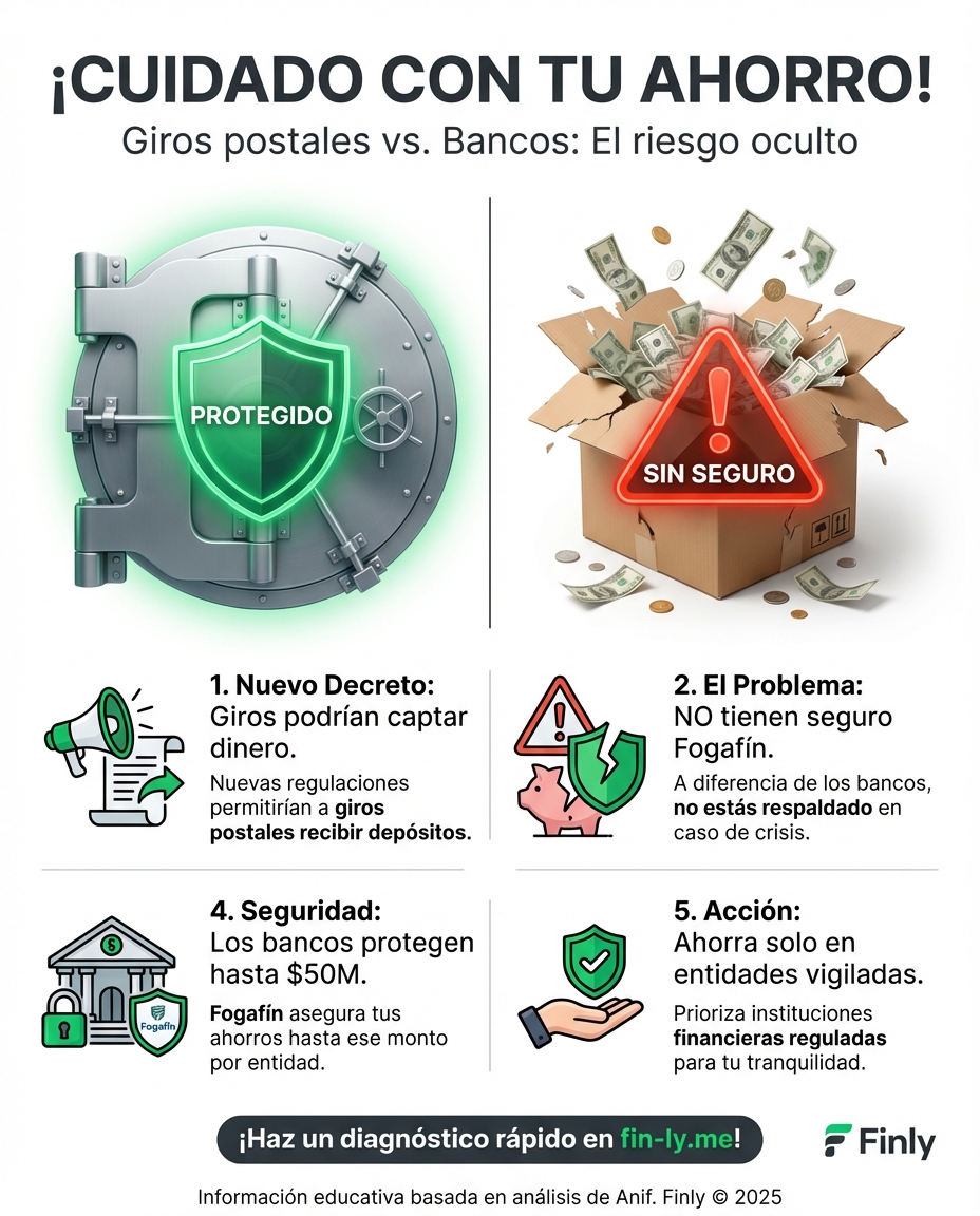 Imagina guardar tus ahorros en un lugar que parece un banco, pero que no te responde si el dinero desaparece. Un nuevo decreto permitiría que los puntos de giros capten tu plata sin el seguro de Fogafín que hoy protege tu bolsillo. ¿Estás dispuesto a arriesgar tu estabilidad por una facilidad aparente? 🇨🇴💰
