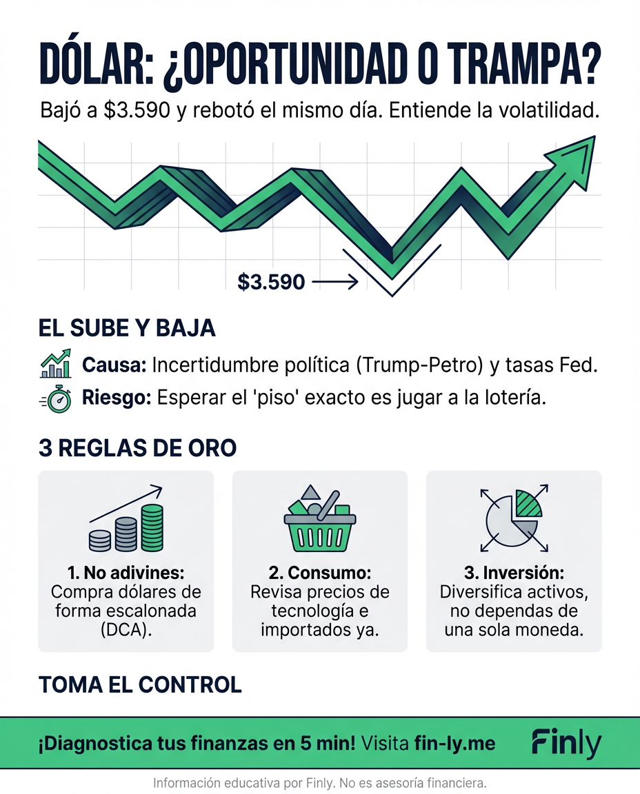 El dólar bajó de $3.600 pero volvió a subir, recordándote que esperar el 'momento perfecto' para comprar es una lotería. Si tus deudas o metas dependen de una moneda que sube y baja por noticias políticas, ¿qué tan seguro es tu plan de ahorro hoy? 📉💰