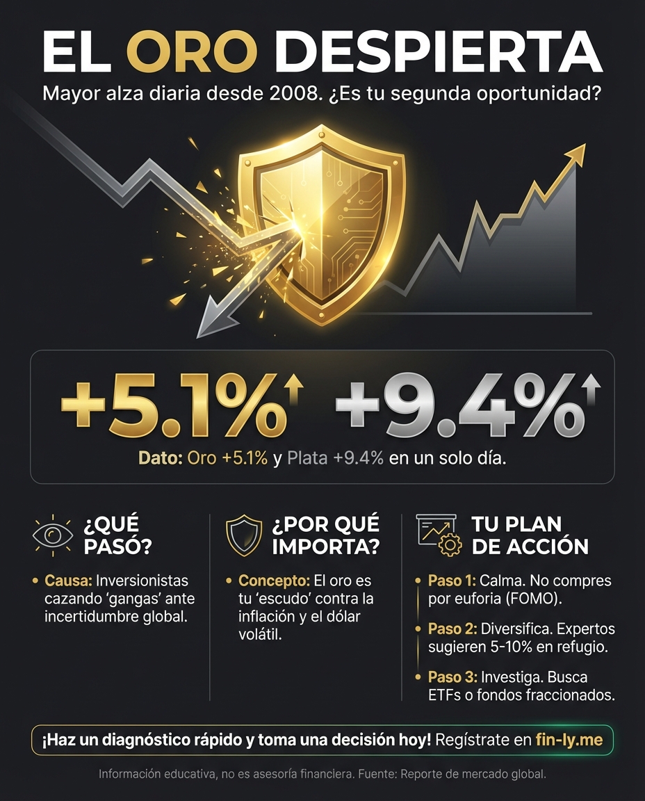 El oro vive su mayor alza diaria desde 2008 tras una caída de precios. Es como cuando el mercado te da una segunda oportunidad para ahorrar antes de que todo suba de nuevo. ¿Estás preparado con un refugio seguro o tus ahorros dependen solo de la suerte del día? 🇨🇴💰