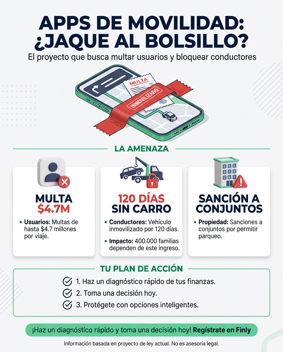 ¿Usas apps para completar el mes o moverte barato? Un nuevo proyecto de ley busca multar con hasta $4.7 millones a usuarios y perseguir conductores. Es como si te quitaran el salvavidas en plena crisis. ¿Qué harás si tu 'Plan B' de ingresos desaparece mañana? 🇨🇴📉