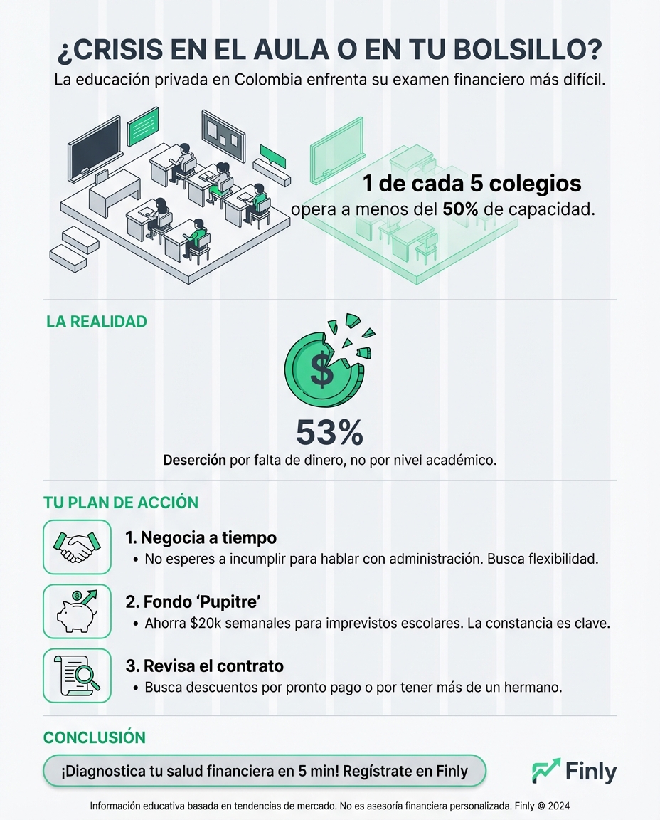 Muchos colegios privados hoy operan a media marcha porque las familias ya no pueden cubrir la pensión. Es el espejo de tu hogar: cuando el presupuesto se aprieta, hasta la educación entra en revisión año a año. ¿Está tu plan financiero listo para proteger el futuro de tus hijos? 🇨🇴💰