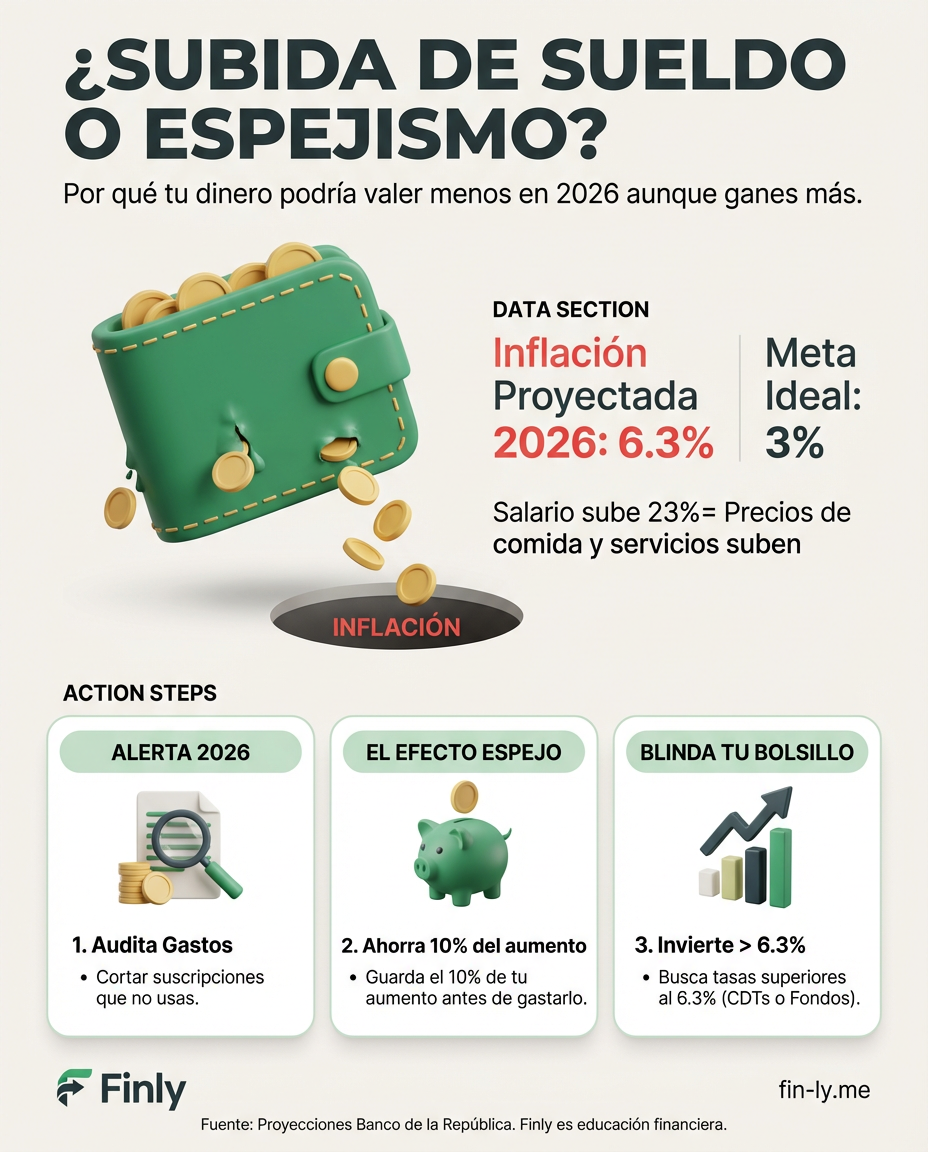 Aunque tu salario suba, el Banco de la República advierte que los precios lo harán más rápido en 2026. Es el efecto espejo: si no controlas tus gastos fijos hoy, el aumento de mañana nacerá muerto. ¿Estás listo para blindar tu bolsillo antes de que la inflación se coma tu esfuerzo? 📉💰