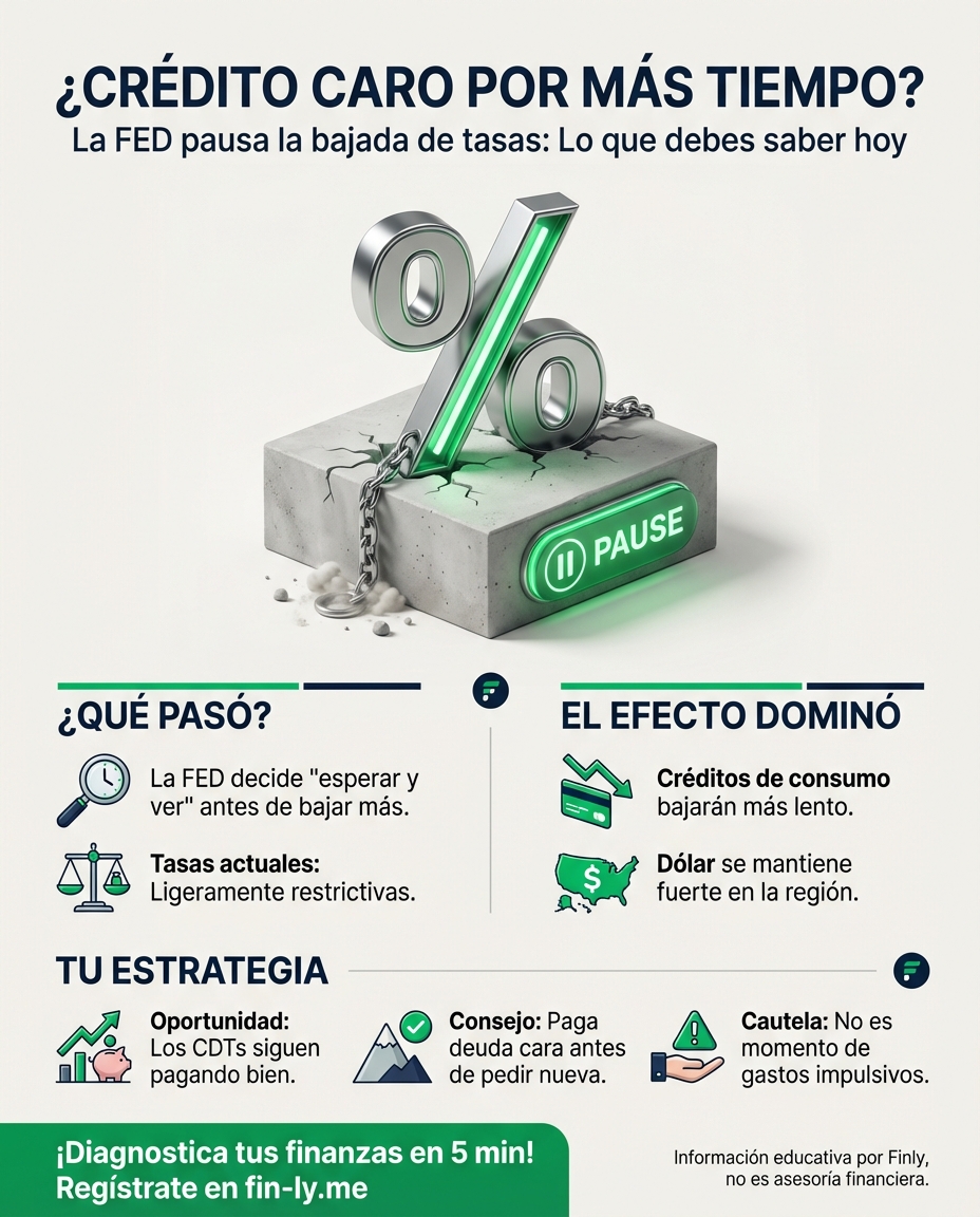 La FED decidió pausar las bajas de intereses para ver cómo reacciona la economía. Es como cuando decides no gastar más hasta ver si el sueldo te alcanza para el mes. ¿Estás esperando a que bajen las tasas para pedir tu crédito o vas a seguir pagando intereses caros? 🇨🇴💰