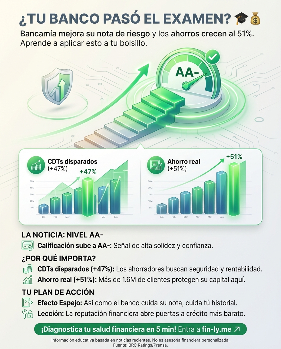 Bancamía mejora su calificación y ve dispararse sus ahorros y CDT. Es lo mismo que necesitas para tu bolsillo: que tu reputación financiera crezca para que el dinero trabaje para ti y no al revés. ¿Sabes qué nota le darían hoy a tu manejo de deudas? 🇨🇴💰