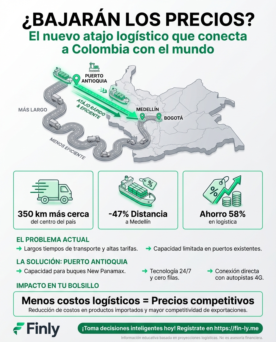 Puerto Antioquia ya opera, prometiendo bajar costos en lo que compras y vendes. Es como si te mudaras más cerca de tu trabajo para ahorrar en pasajes: menos gasto logístico debería significar mejores precios. ¿Verás ese ahorro en tu bolsillo o se quedará en el camino? 🇨🇴💰