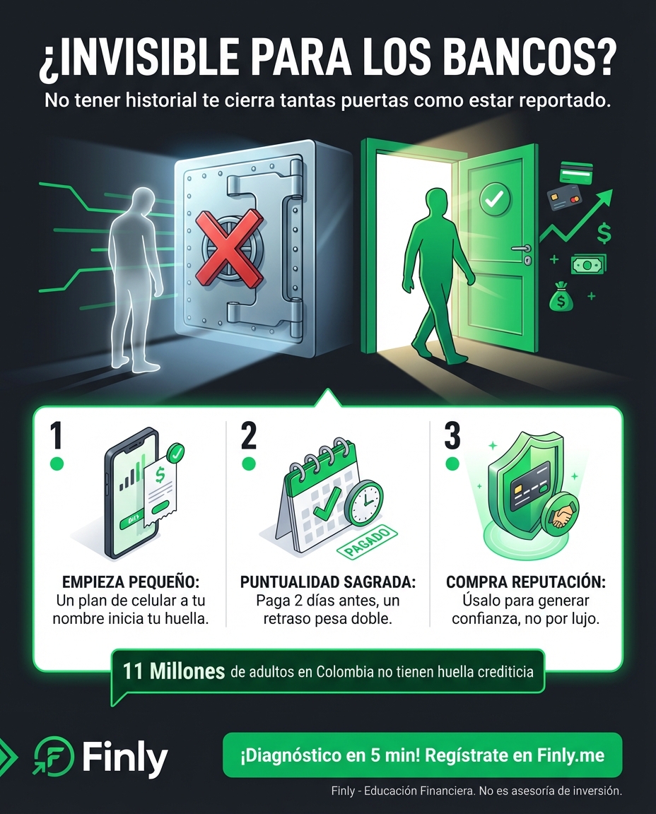 No tener historial crediticio te cierra tantas puertas como estar reportado, impidiéndote arrendar o crecer. Es el drama del Joven Asalariado que, aunque tiene ingresos, es invisible para los bancos. ¿Vas a esperar a una emergencia para descubrir que el sistema no sabe quién eres? 🇨🇴💰