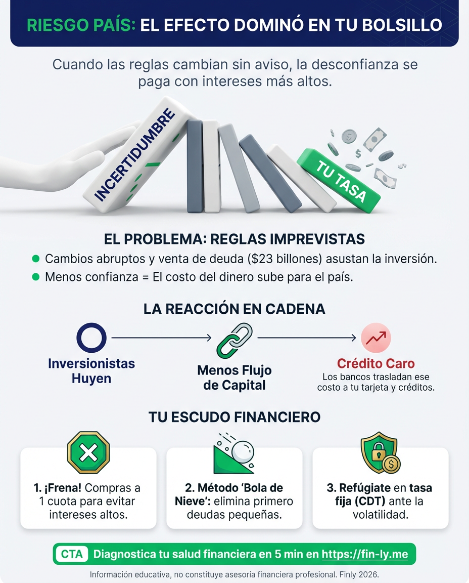 Cuando el país cambia las reglas de improviso, los inversionistas huyen y tu crédito se encarece. Es como si el banco te subiera la cuota sin avisar: la falta de confianza nos cuesta a todos. ¿Sabes cómo proteger tu bolsillo cuando el riesgo país golpea tus deudas? 🇨🇴📉