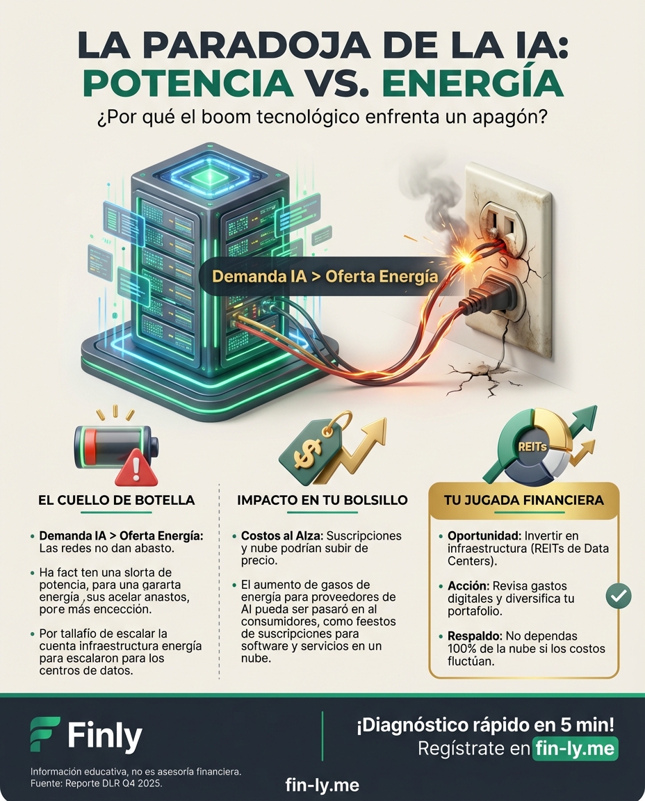 La IA está disparando la demanda de centros de datos, pero la falta de energía frena el avance. Es como si te ofrecieran el ascenso de tu vida, pero no pudieras aceptarlo por falta de transporte. ¿Estás preparando tu infraestructura personal para las oportunidades que vienen o te quedarás sin energía? 🇨🇴💰