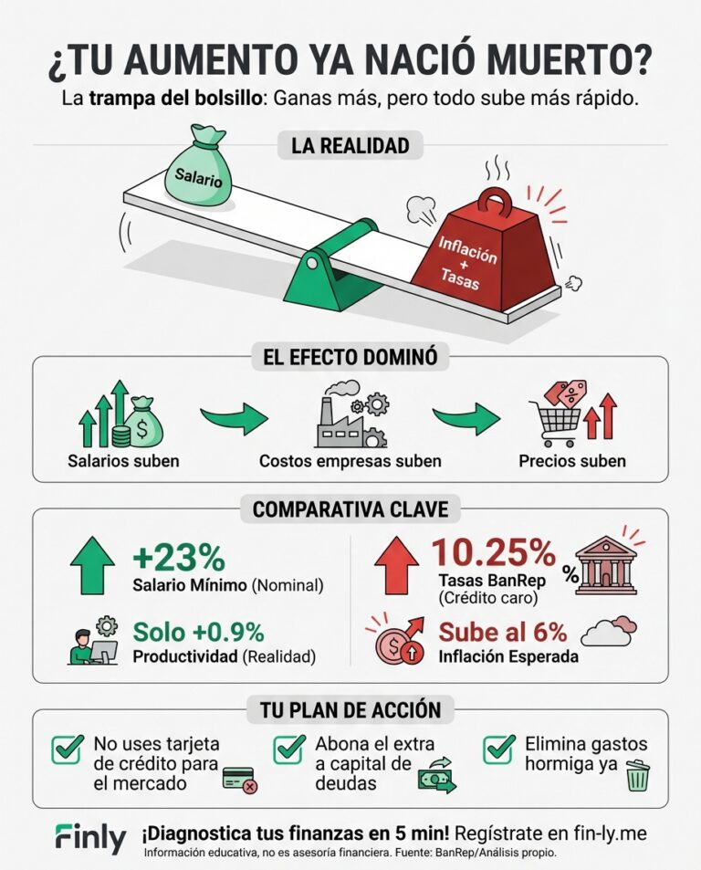 Subir el salario mínimo un 23% suena a alivio, pero el BanRep advierte que la inflación y las tasas de interés se comerán ese extra. Es la trampa del bolsillo: ganas más, pero todo sube más rápido y tus deudas se encarecen. ¿Estás listo para que tu cuota de crédito suba antes que tu sueldo? 🇨🇴💰