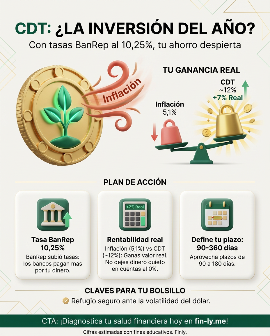 Con las tasas del Banco de la República al 10,25%, los CDT ahora rinden más que antes. Si sientes que tu ahorro no crece mientras todo sube, esta es la oportunidad de asegurar rentabilidad sin riesgos. ¿Vas a dejar que la inflación se coma tu plata o pondrás el sistema a trabajar para ti? 💰🇨🇴