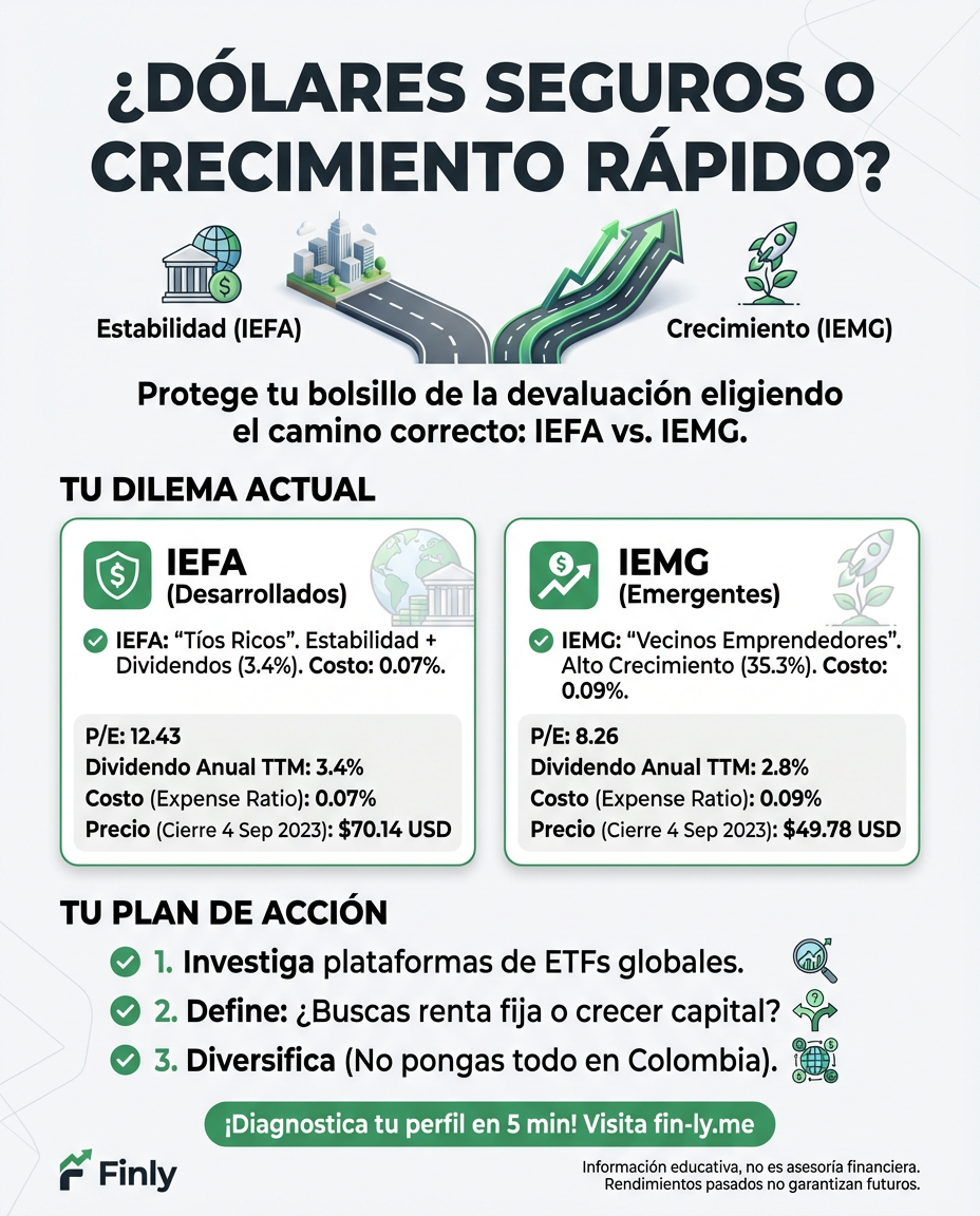 Invertir afuera parece difícil cuando el sueldo apenas alcanza para el arriendo, pero los ETFs son la puerta de salida. Es como elegir entre ahorrar en una cuenta segura o apostarle al negocio del vecino que promete crecer rápido. ¿Sabes cuál de estos caminos protege mejor tu bolsillo en Colombia? 🇨🇴💰