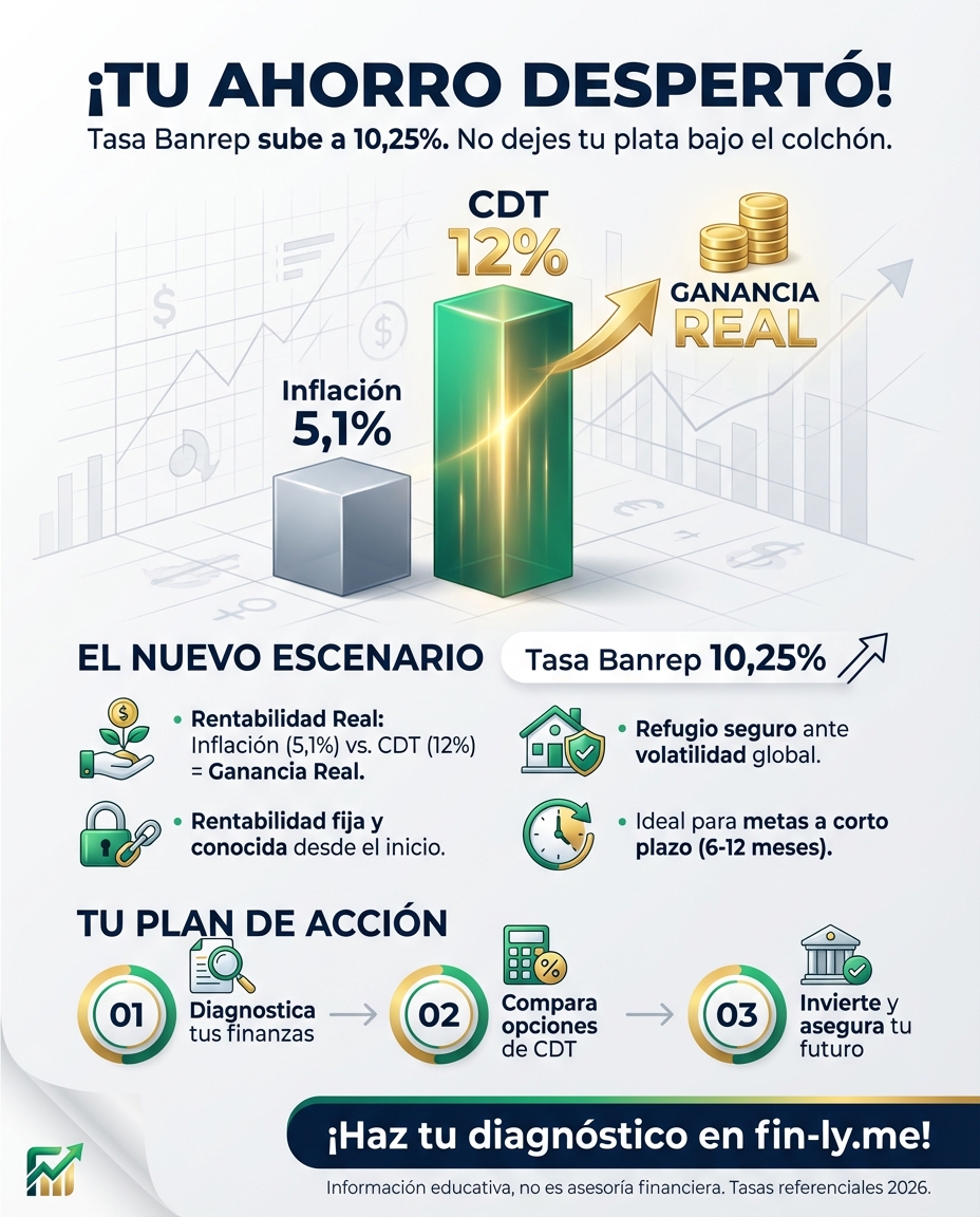 Con la tasa del Banrep en 10,25%, guardar plata bajo el colchón es regalarle tus ahorros a la inflación. Es como ver una oferta increíble y no tener saldo: hoy los CDT rinden hasta el 12%. ¿Vas a dejar que tu dinero se estanque mientras el banco te ofrece ganar sin riesgo? 💰🇨🇴