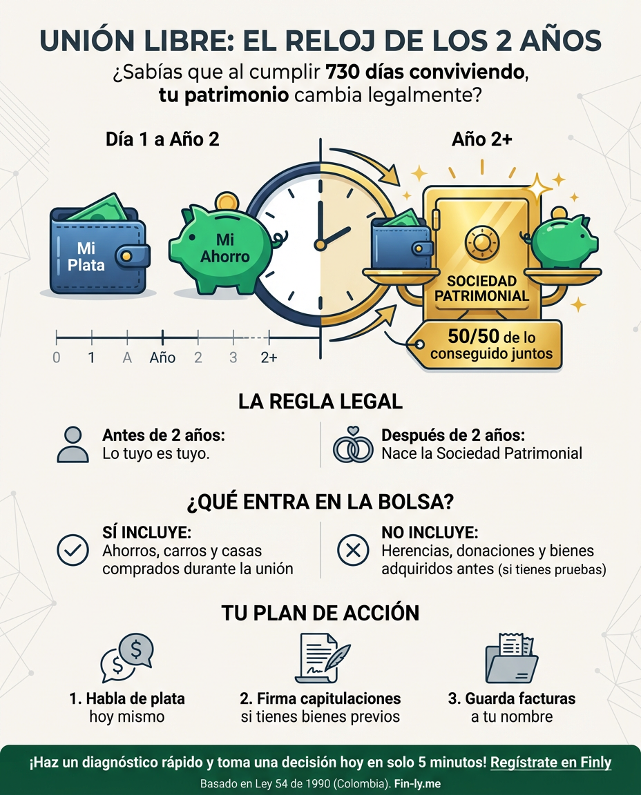 Convivir es un proyecto de vida, pero a los dos años se vuelve un contrato patrimonial automático. Si no planeas tus finanzas en pareja, podrías terminar dividiendo lo que tanto te costó ahorrar sin haberlo decidido. ¿Sabes si tus activos ya son de 'ambos' ante la ley colombiana? 🇨🇴💰