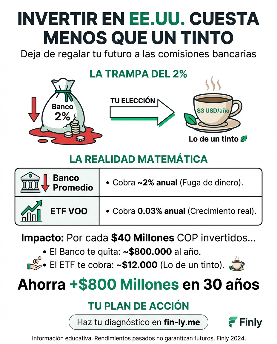 ¿Sientes que trabajas mucho pero tu ahorro no crece por las comisiones del banco? Invertir en EE. UU. puede costar solo $3 al año, evitando que los intermediarios se queden con tu futuro. ¿Estás regalando tu rentabilidad sin saberlo? 🇨🇴💰