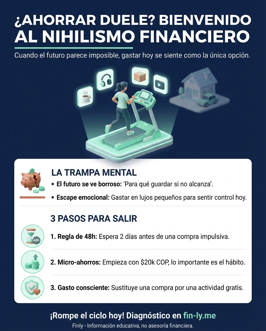 ¿Sientes que ahorrar es inútil porque la plata no rinde? Muchos colombianos están cayendo en el 'nihilismo financiero': gastar hoy en gustos pequeños porque el futuro parece inalcanzable. Es una trampa emocional que nace del cansancio, pero ¿cómo retomar el control de tu bolsillo? 💰🇨🇴