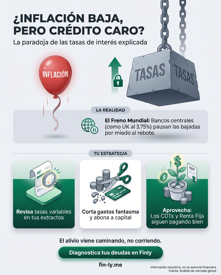 Sentir que tus deudas no bajan a pesar de las buenas noticias es frustrante. Aunque la inflación cede, los bancos centrales mantienen los intereses altos, castigando tu bolsillo como cuando esperas un descuento que nunca llega. ¿Sabes cómo proteger tu flujo de caja mientras el costo del dinero baja a cuentagotas? 🇨🇴💰