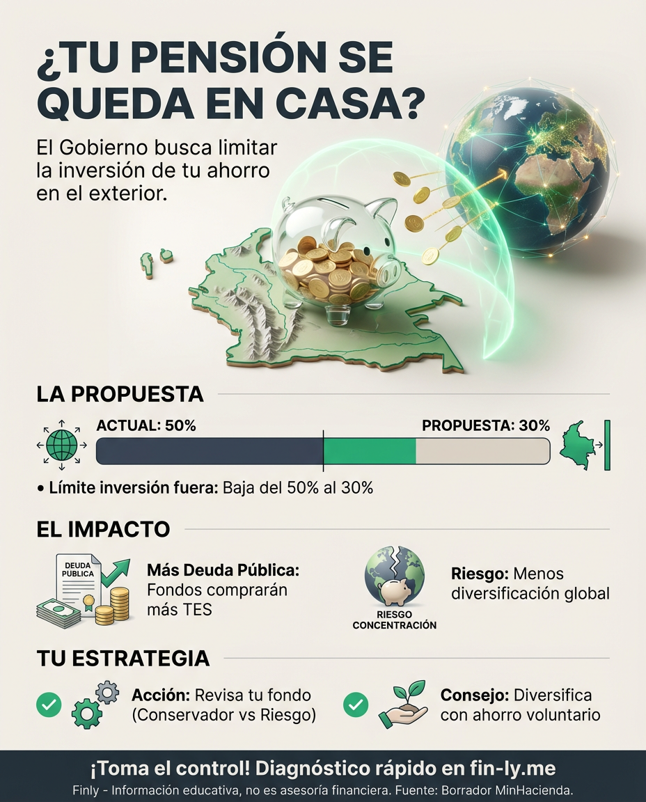 El Gobierno busca que tu ahorro pensional se invierta más en Colombia y menos fuera. Es como si te obligaran a guardar tu plata en una alcancía local que rinde menos, en lugar de buscar mejores ganancias. ¿Estás preparado para que tu jubilación dependa solo de la economía del país? 🇨🇴💰