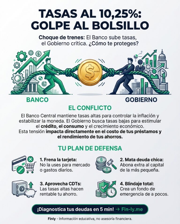 El Banco de la República subió las tasas al 10,25% y el Gobierno estalló. Es como si te dieran un aumento de sueldo, pero el banco te subiera los intereses de la tarjeta el mismo día. ¿Cómo blindar tu bolsillo ante esta guerra de poderes que encarece tus deudas? 🇨🇴💰