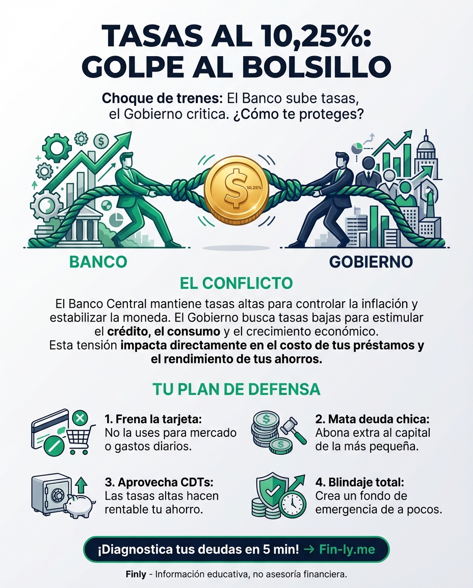El Banco de la República subió las tasas al 10,25% y el Gobierno estalló. Es como si te dieran un aumento de sueldo, pero el banco te subiera los intereses de la tarjeta el mismo día. ¿Cómo blindar tu bolsillo ante esta guerra de poderes que encarece tus deudas? 🇨🇴💰
