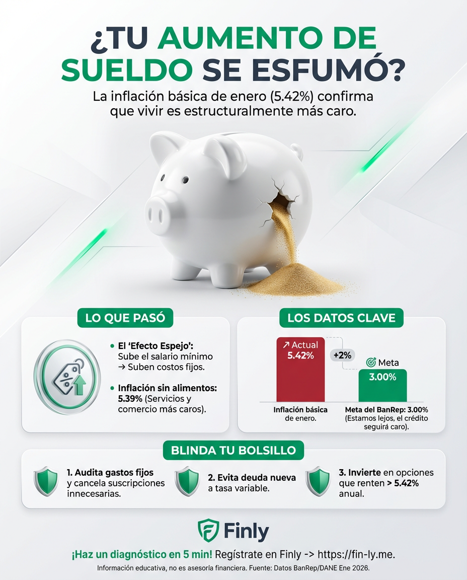 Sentir que el aumento de sueldo no alcanza no es tu imaginación: la inflación básica en Colombia se disparó en enero. Es el efecto espejo: cuando suben los costos estructurales, tu capacidad de ahorro se esfuma antes de empezar el mes. ¿Sabes cómo blindar tu presupuesto ante esta subida? 🇨🇴💰