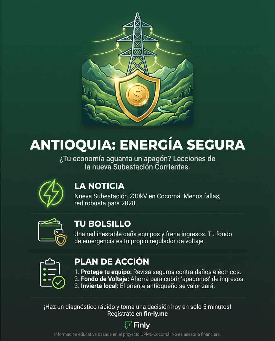 Antioquia refuerza su red eléctrica para evitar que los apagones frenen tu productividad. Así como una subestación da estabilidad, tu fondo de emergencia evita que un 'corto' financiero apague tus planes. ¿Está tu presupuesto blindado contra imprevistos o dependes de una red frágil? 🇨🇴💰