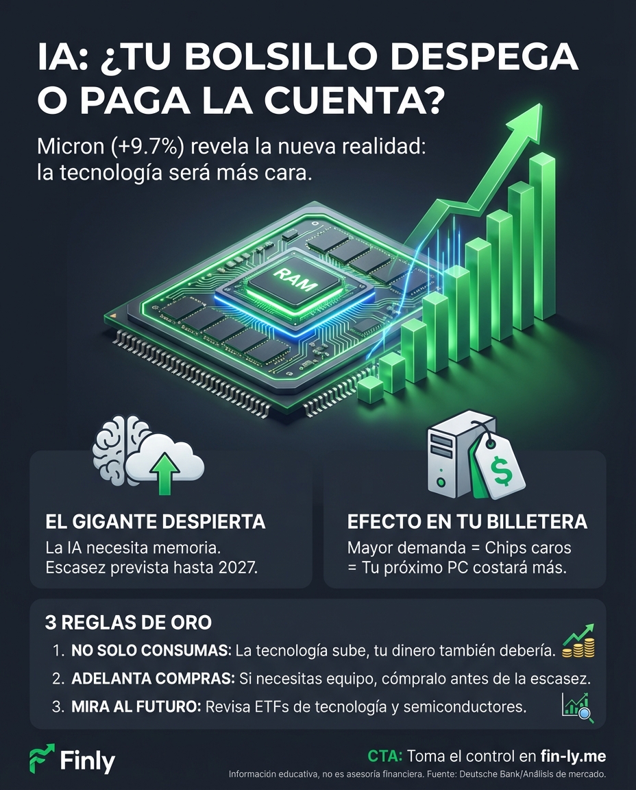 Micron vuela en bolsa porque la IA necesita más memoria, pero para ti el mensaje es claro: la tecnología que usas hoy será más cara mañana. Si no estás invirtiendo en tu capacidad de generar ingresos, te quedarás pagando la cuenta del progreso ajeno. ¿Estás listo para que tu bolsillo también despegue? 🚀🇨🇴